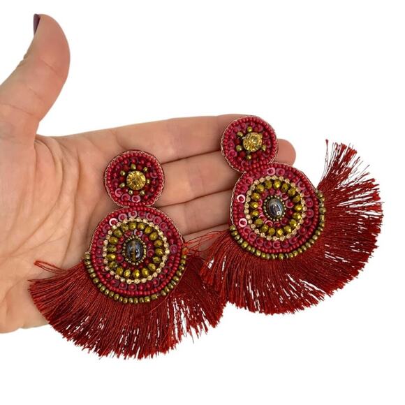 Boho Red Beaded Fringe Fashion Earrings - Picture 2 of 3